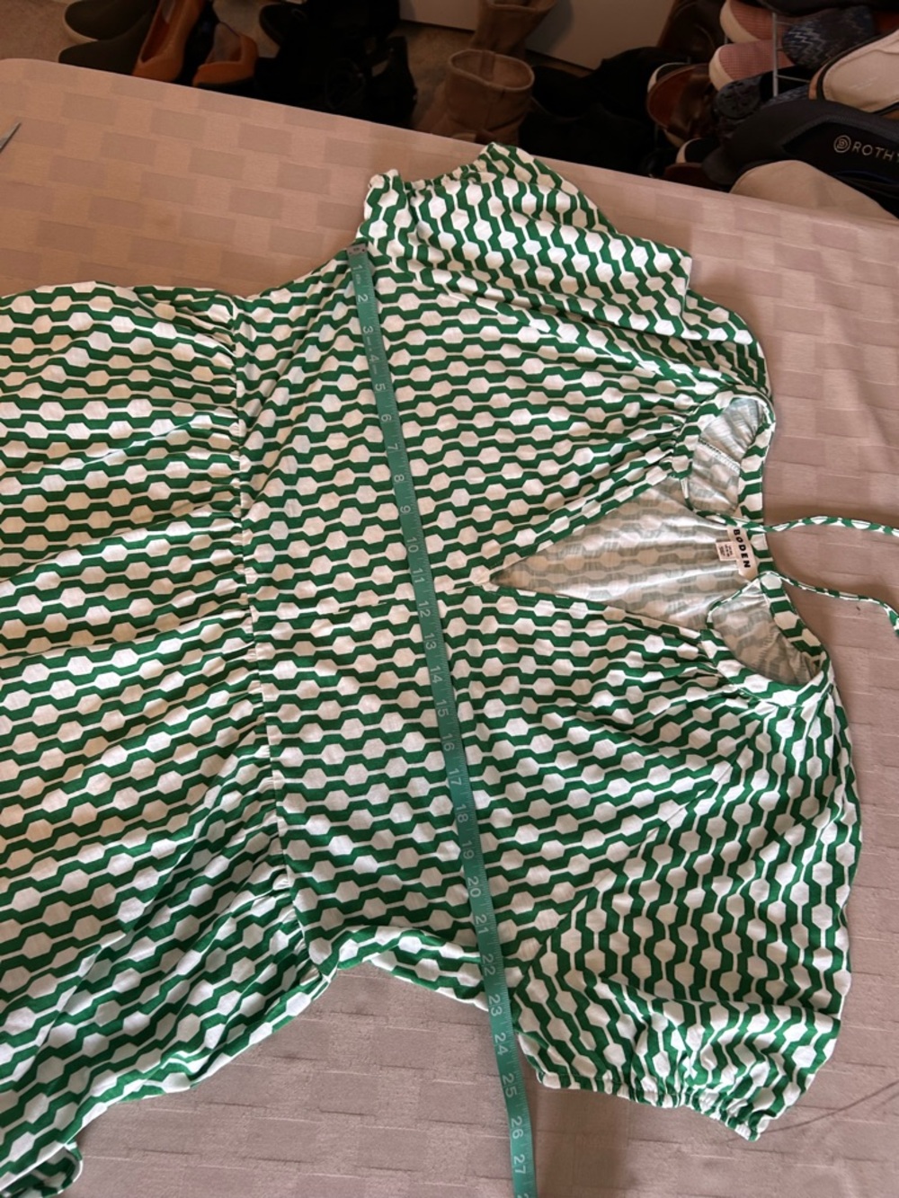 Boden Short Sleeve Jersey Dress in Rolling Hills Geo Azure Print - Picture 11 of 13
